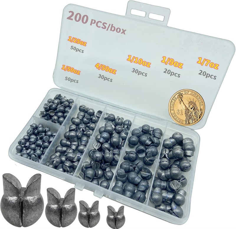 DAMIDEL 200Pcs/Box Big Size Removable Split Shot Fishing Sinkers(1/7oz,1/9oz,1/10oz,4/50oz,1/25oz,1/50oz Mixed)，Adjust Open Mouth Design Fishing Weights Clip for Freshwater Saltwater - Image 1